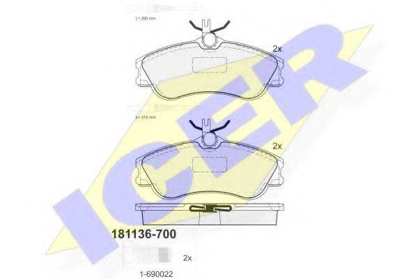 Комплект тормозных колодок, дисковый тормоз ICER 181136-700