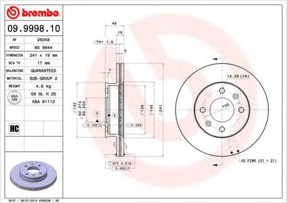 Тормозной диск BREMBO 09.9998.10