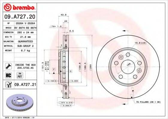 Тормозной диск BREMBO 09.A727.21